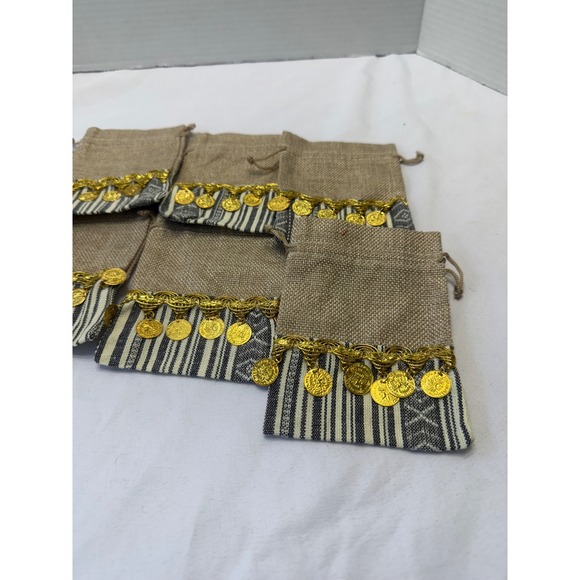 Set of 12 Henna Jute Drawstring Pouches with Decorative Coins and Colorful Trim - Picture 9 of 12